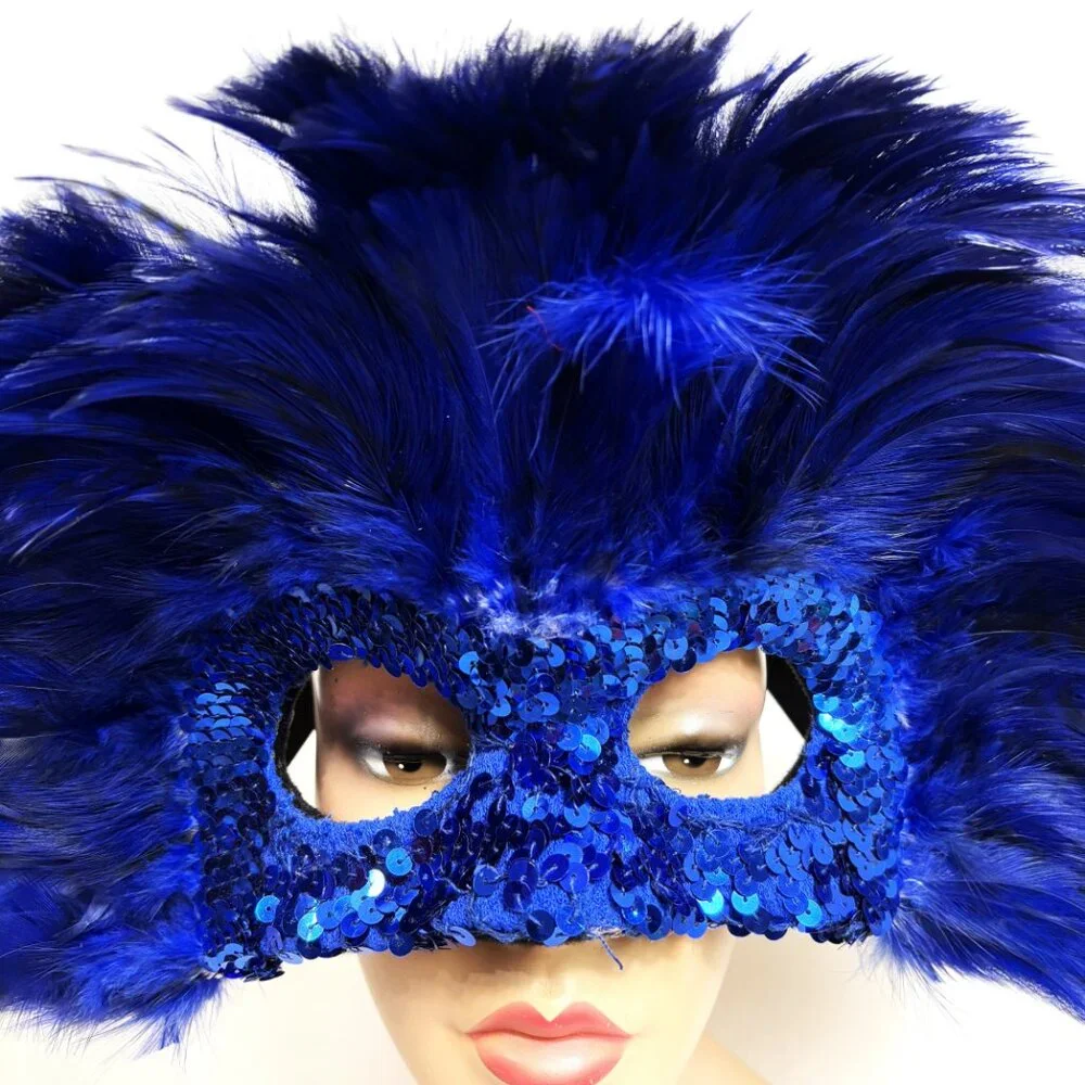 Showgirl Carnival Royal Blue Feather Mask Deluxe Vintage 90’s